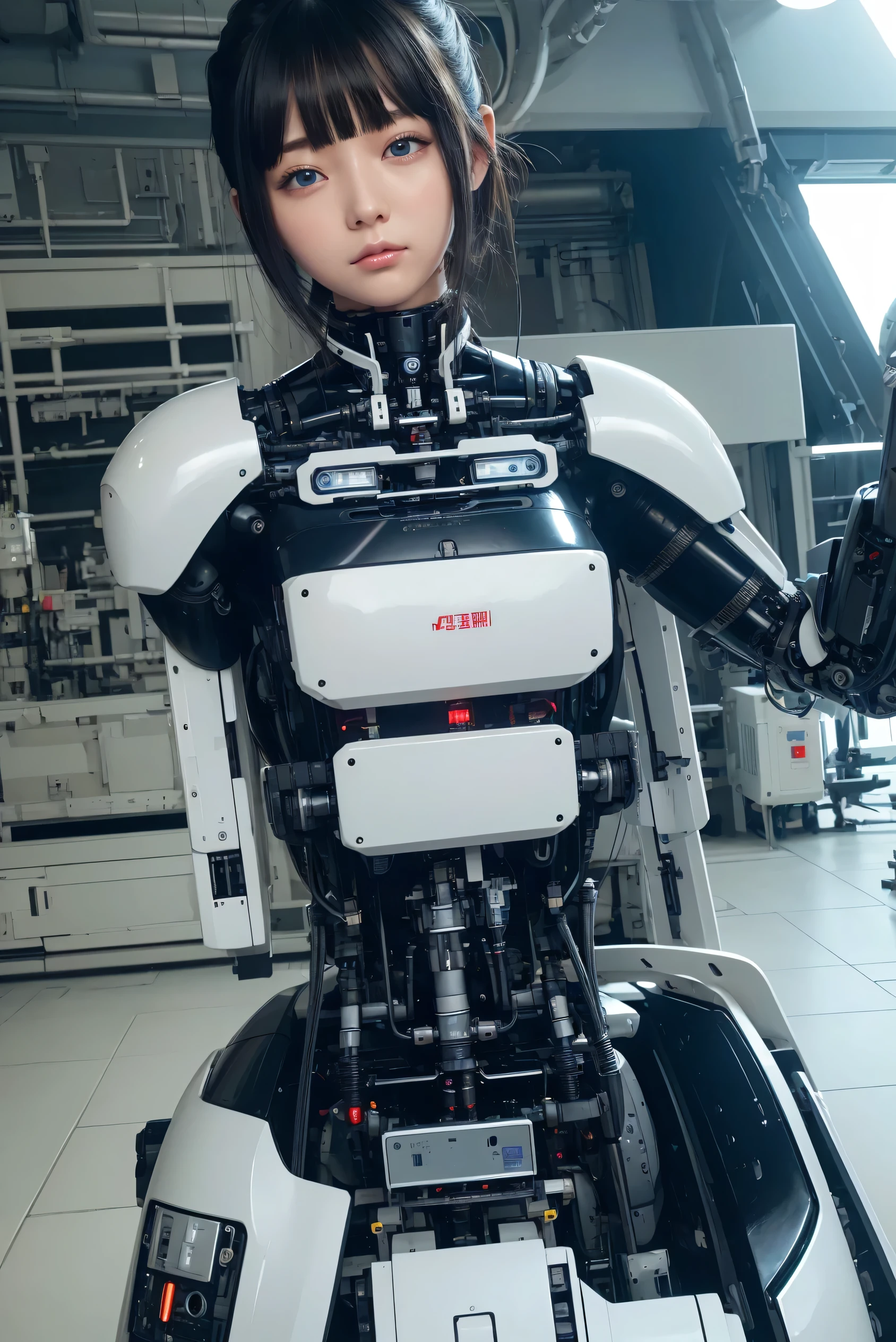 masterpiece, best quality, extremely detailed, Japaese android girl,Plump , hug,control panels,android,Droid,Mechanical Hand, Robot arms and legs, Black hair,Blunt bangs,perfect robot girl,long tube,thick cable connected her neck,android,robot,humanoid,cyborg,japanese cyborg girl ,robot-embly plant,She is assled now,assembscene,chest monitor,blue eyes,breast coosing eyes:1.5)