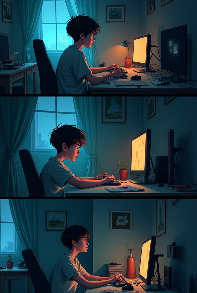 Believe me 6 images that deal with a boy who was addicted to video games,and that&#39;s why he broke up with his girlfriend, Divide them into 6 images according to the relevant story 