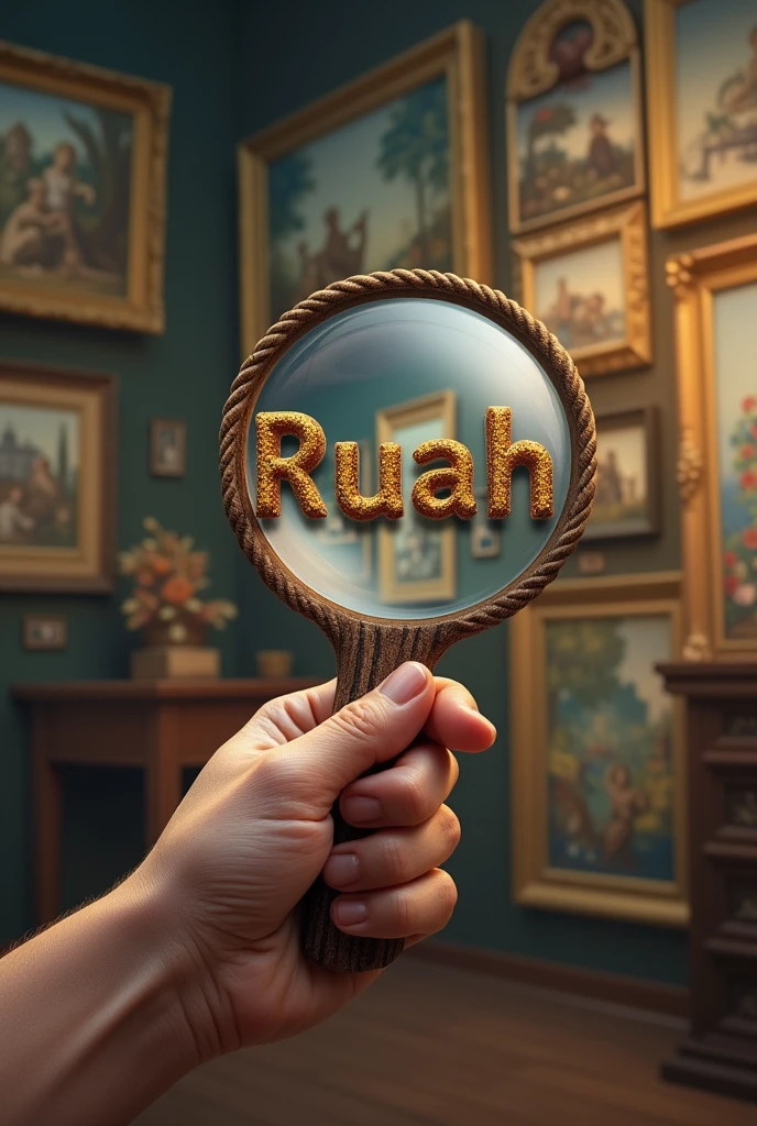 A hand holding a magnifying glass with paintings in the background and the word Ruah written in a rope font