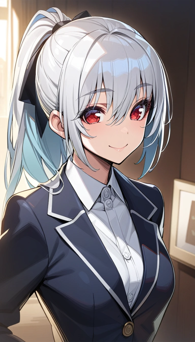 masterpiece, best quality, 1girl,red eyes,smile, room, ponytail,grey hair, portrait, best quality,hand on hip,  blazer, by tsujisanta 