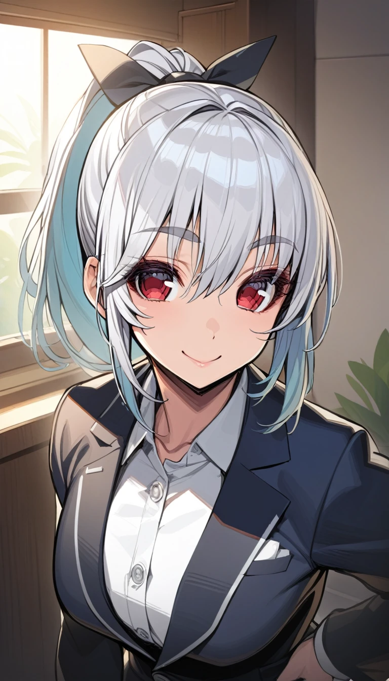 masterpiece, best quality, 1girl,red eyes,smile, room, ponytail,grey hair, portrait, best quality,hand on hip,  blazer, by tsujisanta 