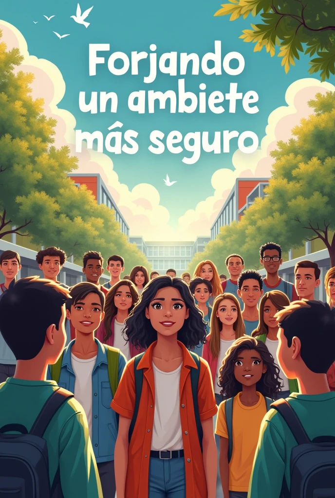 Create an image that conveys education, peace, and a fight against school violence, and includes the message "Forjando un ambiente más seguro" in Spanish.