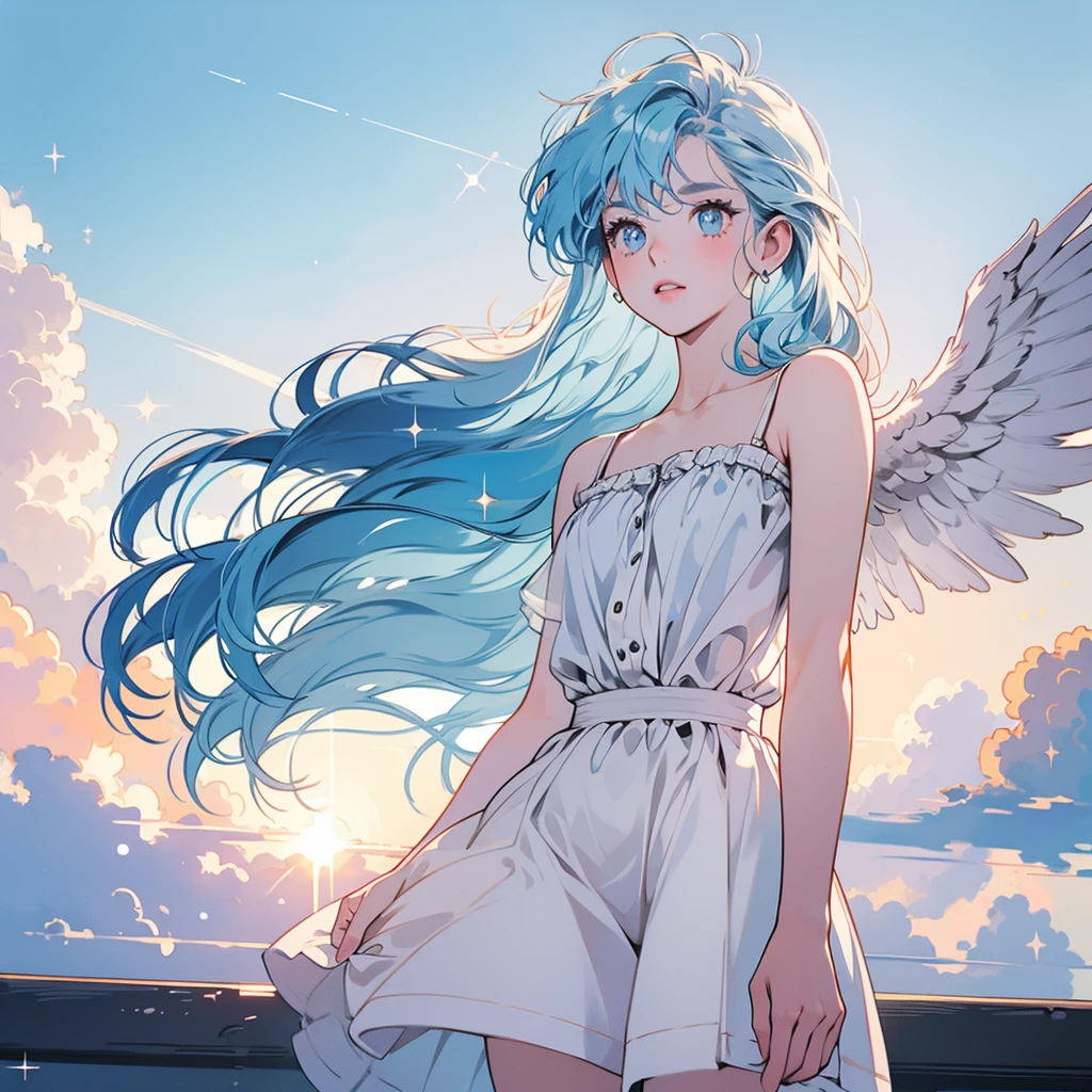 upper body, 1 woman, top quality, 8K, wind blowing, White camisole, sunrise, white cloud, skyscraper, power lines, girl with wings, fly with wings, (((sparkling eyes))), (((mysterious))), light blue hair, detailed hair, complex background, detailed details, light lighting, backlight, dim, clouds in sky, Front, (((view from below)))