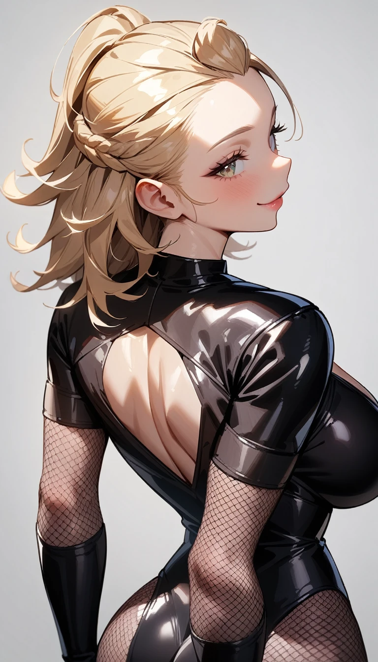 1girl,solo,super detailed skin,shiny skin,angelic smile,blonde hair,bangs pinned back,asymmetrical bangs,side braid,eyelashes,lips gloss,large breasts,fullbodysuit,fishnet arms,cleavage cutout,ninja clothes ,asymmetry clothes,ass,back shot,simple background,masterpiece,best quality,ultra detailed,high resolution,sharp focus