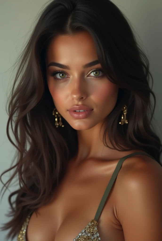 Portrait d'une avec des cheveu lisse de 24 ans très réaliste avec un air arabe et turque avec un regard désireux sexuel et ls entier aet une ressemblance a 50% avec abella danger avec les yeux vert très realiste et avec le visage bien visible le plus réaliste possible sans aucun flottage souriante de face