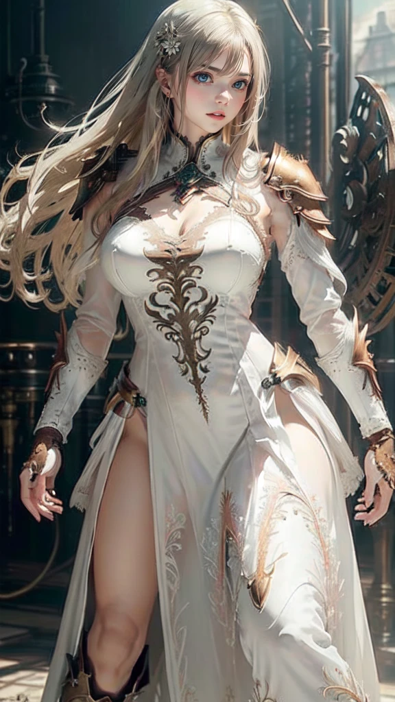 (Random Battle Poses:1.5),(Movie Scenes,Fantasy art,Best image quality,(8k),Ultra-realistic,最high quality,high quality,High resolution,high qualityの質感,Attention to detail,Beautiful details,Fine details,Highly detailed CG,Detailed Texture,Realistic facial expressions,masterpiece,before,dynamic,bold),1 Girl,Highly detailed skin,curve,,Beautiful breasts,Large Breasts,Pale skin,Pointed Chest,Erect nipples,(Thin Hair),(Soft Hair),(Super Straight Hair),Long, slicked bangs,Very light coppery amber hair,Hair on one eye,(Leather boots,(asymmetrical mechanical armor),(White lace long dress with embroidery,See through:1.2))
