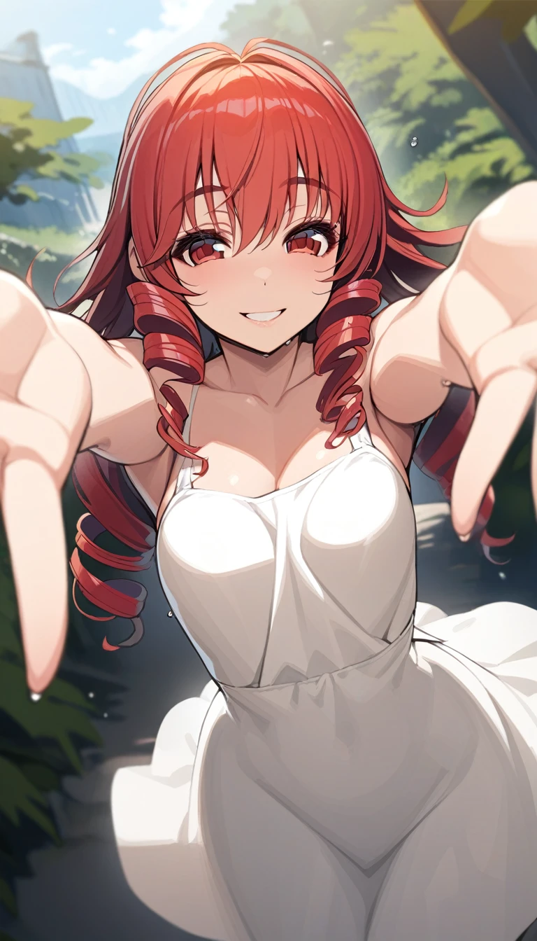 masterpiece, best quality, 1girl,red eyes,smile, outdoors, best quality,  red hair, ringlets, outstretched arms,  white sundress, by tsujisanta 