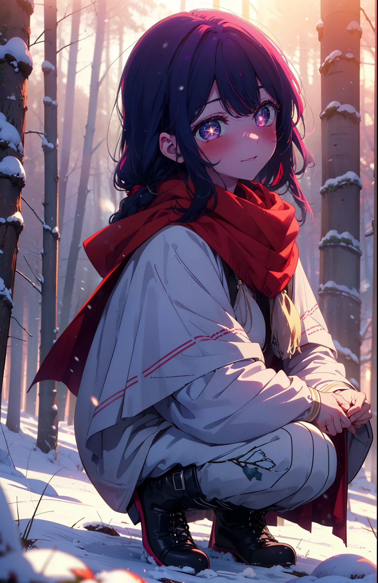 aihoshino, Ai Hoshino, Long Hair, bangs, (Purple eyes:1.1), Purple Hair, (Symbol-shaped pupil:1.5), smile,,smile,blush,white breath,
Open your mouth,snow,Ground bonfire, Outdoor, boots, snowing, From the side, wood, suitcase, Cape, Blurred, , forest, White handbag, nature, Squat, Mouth closed, Cape, winter, Written boundary depth, Black shoes, red Cape break looking at viewer, Upper Body, whole body, break Outdoor, forest, nature, break (masterpiece:1.2), Highest quality, High resolution, unity 8k wallpaper, (shape:0.8), (Beautiful and beautiful eyes:1.6), Highly detailed face, Perfect lighting, Highly detailed CG, (Perfect hands, Perfect Anatomy),