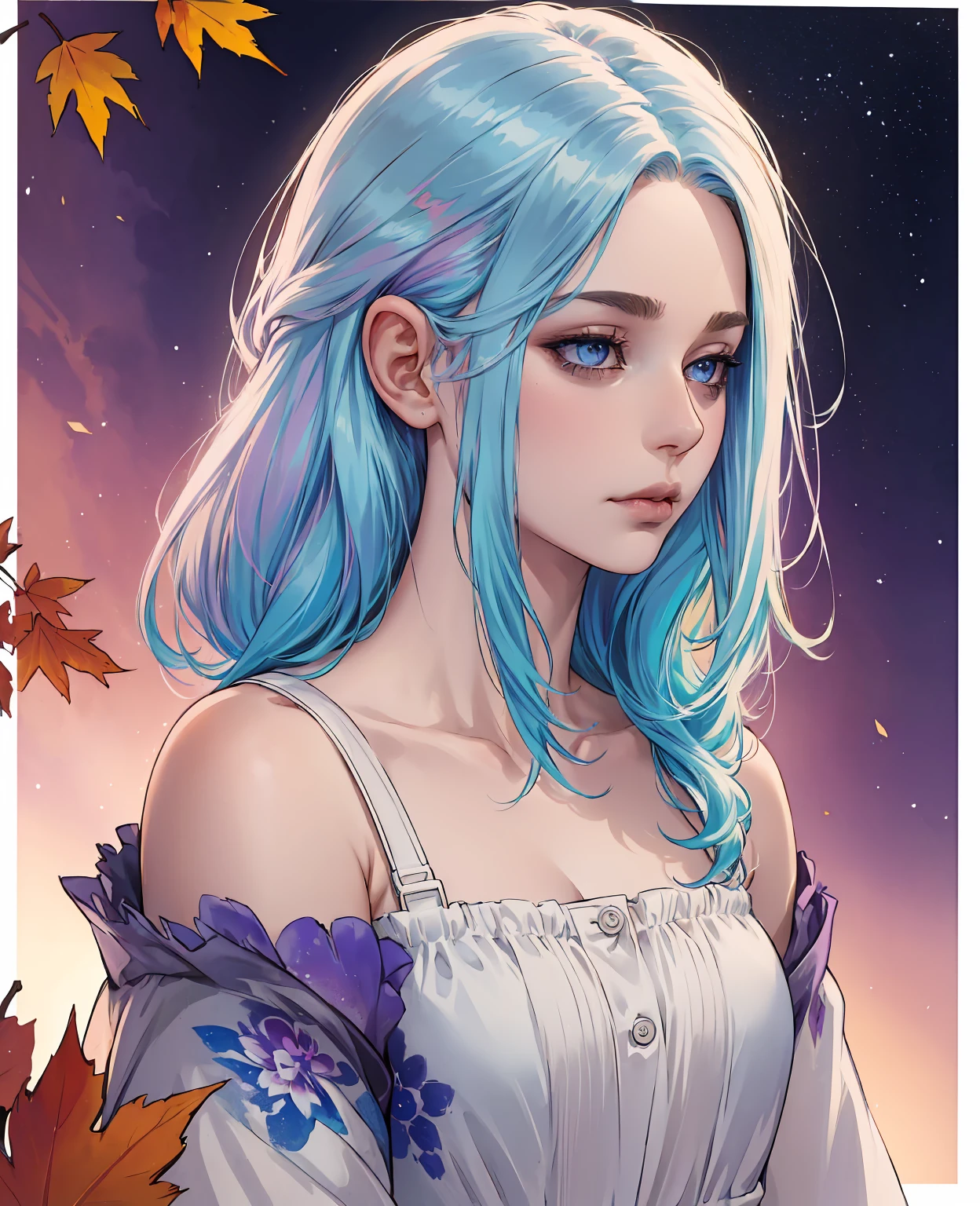 (8k, best quality, masterpiece:1.2),(best quality:1.0), (ultra highres:1.0), watercolor, a beautiful woman, shoulder, hair ribbons, by agnes cecile, half body portrait, extremely luminous bright design, pastel colors, (ink:1.3), autumn lights,