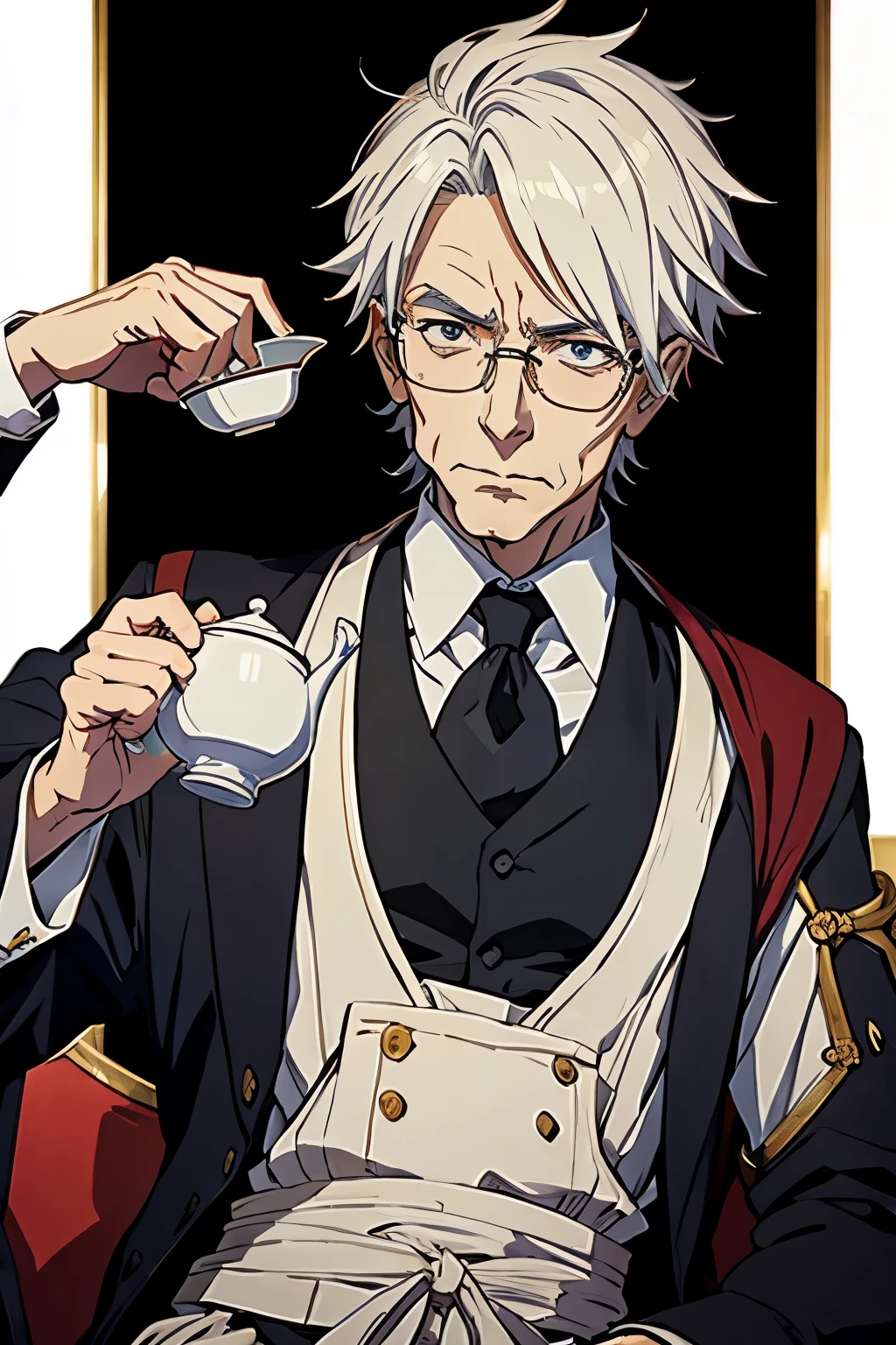 anime style, medieval anime, very old oldman butler serving a teapot, white background, extremely detailed