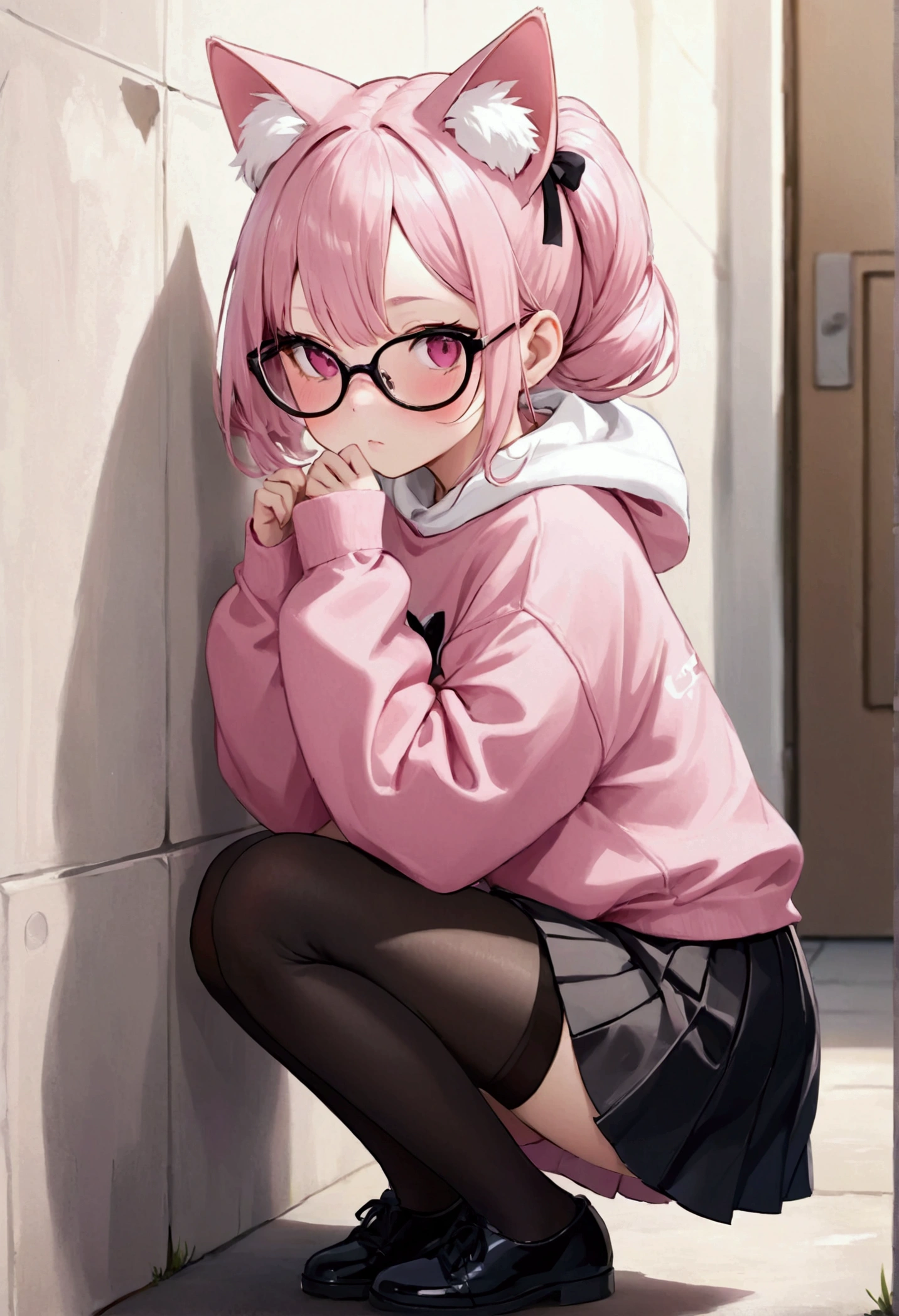 I have white pink hair, cat ears, a bun, my face is super blushing, black glasses, pink heart eyes, a big pink sweatshirt, a black skirt, black stockings, white shoes, a cat's tail, a girl. very shy that she is glued to a wall with her butt