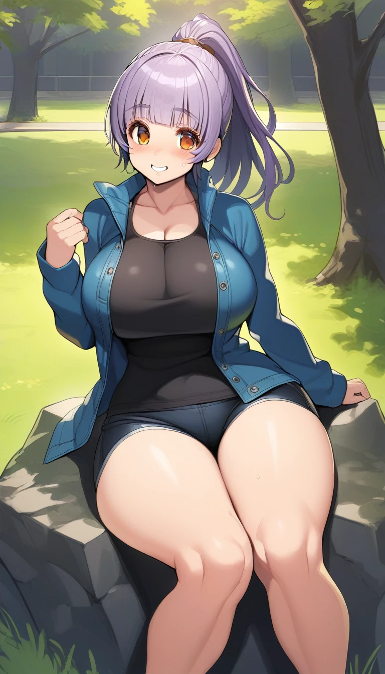 masterpiece, best quality, 1girl, solo, park, amber eyes, violet hair, blue jacket, open jacket, black tank top, jean shorts, seated, on a rock, cowboy shot, grin, blush,  big breasts, wide hips, thick thighs, blunt bangs, ponytail, round eyes, big eyes, tareme, by tsujisanta, 