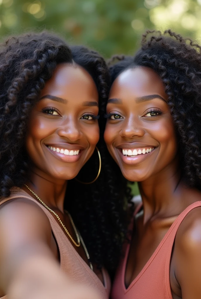  there is a black woman , the woman has curly black curly, she has dark skin, with dark brownish skin, with long curly, long black curly hair she is taking a long shot selfie with her mother 