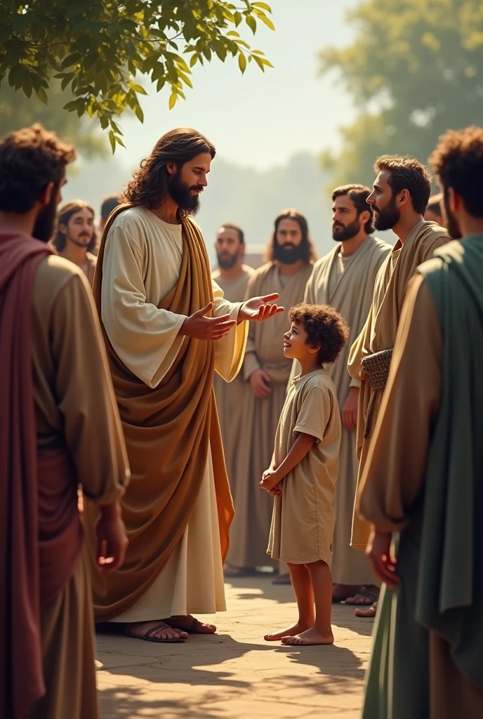 Jesus putting a child as an example in front of many men