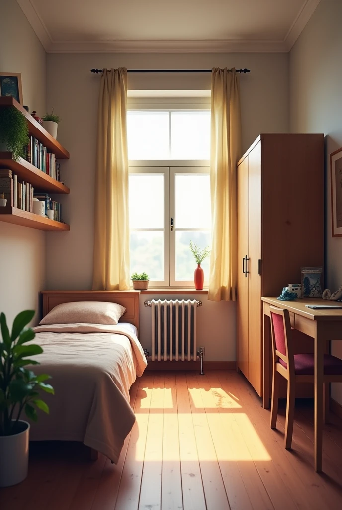 2,Design a 5 m² square room that does not get much sunlight, a window in the middle of the north side, a radiator under it, a door on the left side of the south side of the room, a single bed, a bookcase, a large wardrobe and a desk in a room with a middle income level.