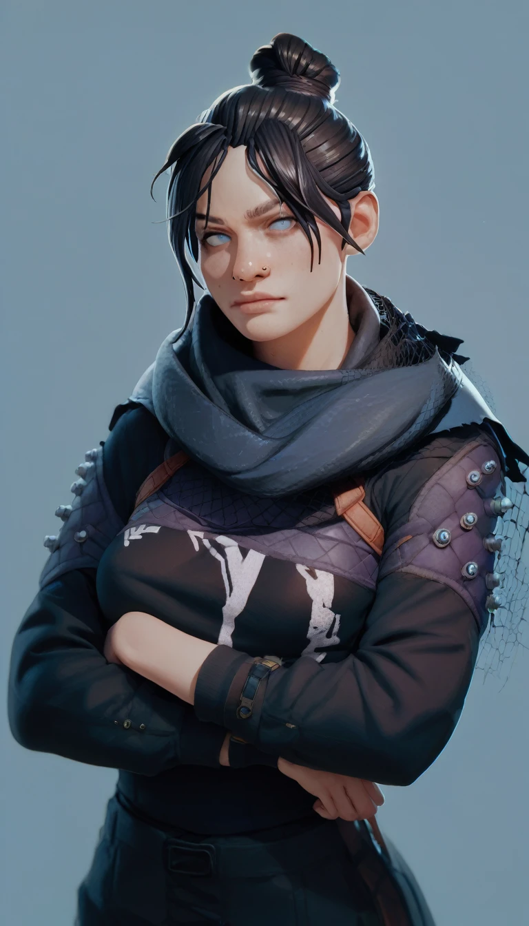 score_9,score_8_up,score_7_up,
wraithxl,black hair,single hair bun,looking at viewer,blue eyes,
scarf,nose piercing,black shirt,long sleeves,
standing, crossed arms, 
