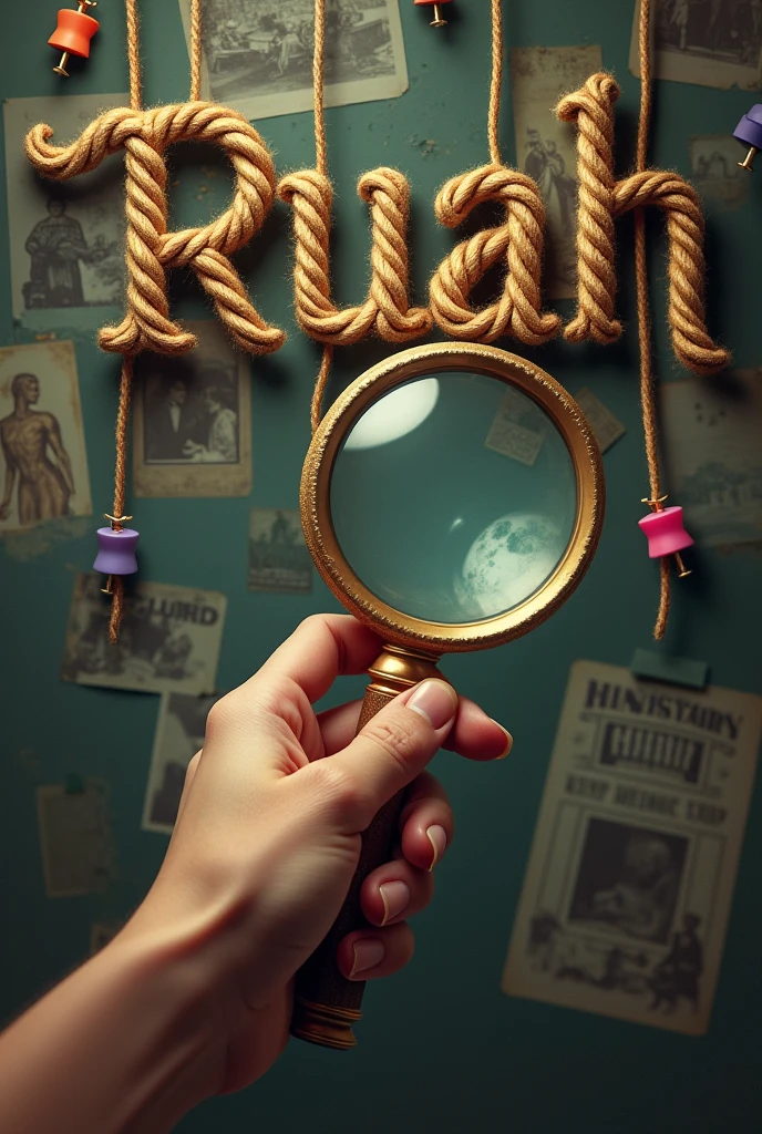 A hand holding a magnifying glass with pictures in the background and the word Ruah written in a rope font with hanging pins