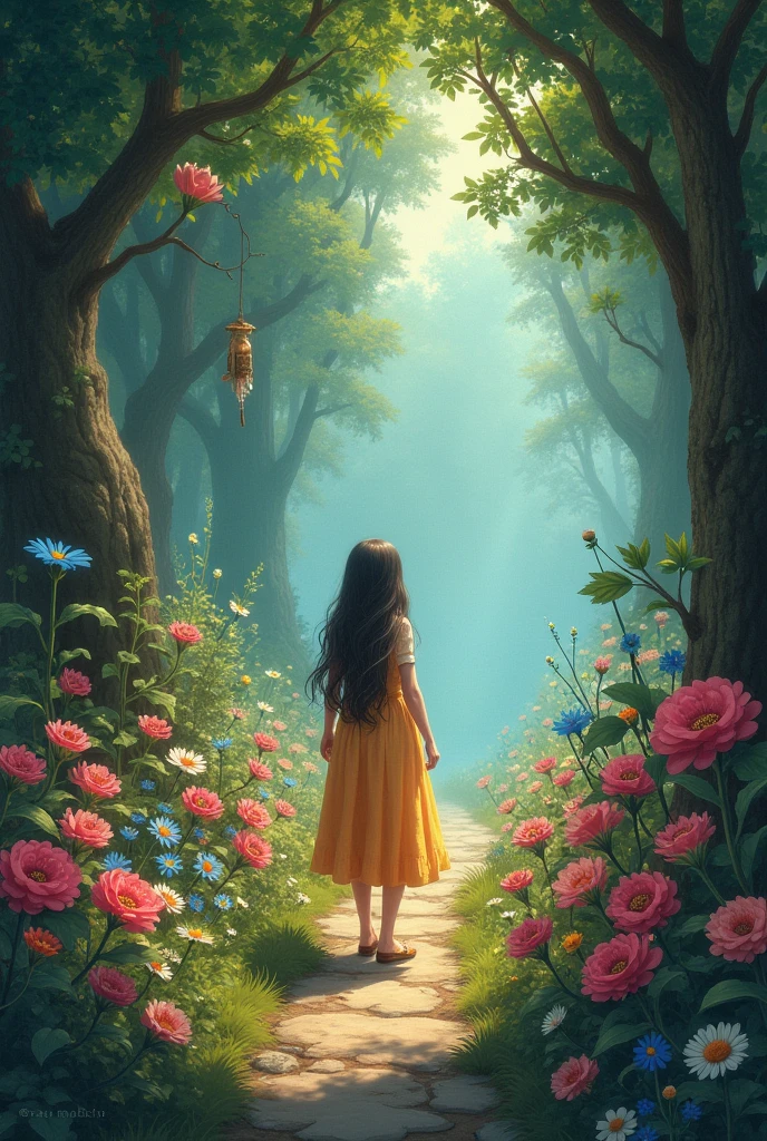 Create an image from this text In a kingdom far far away, There was a princess who liked flowers. every day, She took care of a magical garden full of flowers that could talk..
One day suddenly, The flowers began to wither, and the princess, concerned, decided to consult the wisest flower in the garden, But this flower was very difficult to find because no one had ever spoken to it before., But determined to save the flowers, the search began.. The princess followed a series of magical clues left by the wise flower. Each clue led her to mysterious places in the kingdom