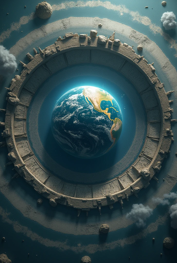 Planet Earth surrounded by a ring of stone and another ring on top of black liquid and above another ring of grayish cloud and above another ring of light