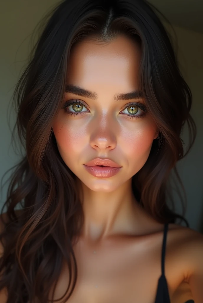 selfie d'une jeune fille avec des cheveu lisse de 24 ans très réaliste avec un air arabe et turque avec un regard désireux sexuel et le corps entier apparent et une ressemblance a 50% avec abella danger avec les yeux vert très realiste et avec le visage bien visible le plus réaliste possible sans aucun flottage souriante de face