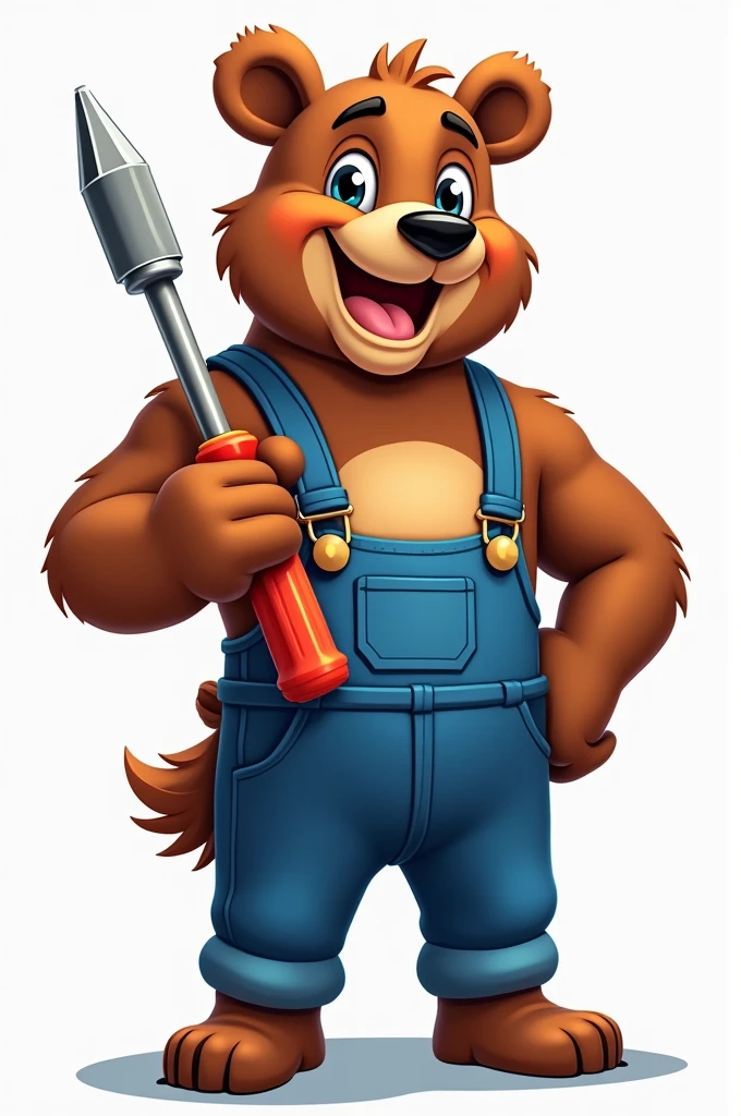 I would like to request the creation of a mascot for an application for repair services and installation estimates.. The mascot should be a brown bear with a friendly and confident expression.. He should be wearing blue suspenders and holding a lead gray screwdriver.. The design must be detailed, with a simple and clear background, so that the bear stands out. The mascot should convey a sense of confidence and readiness to help.