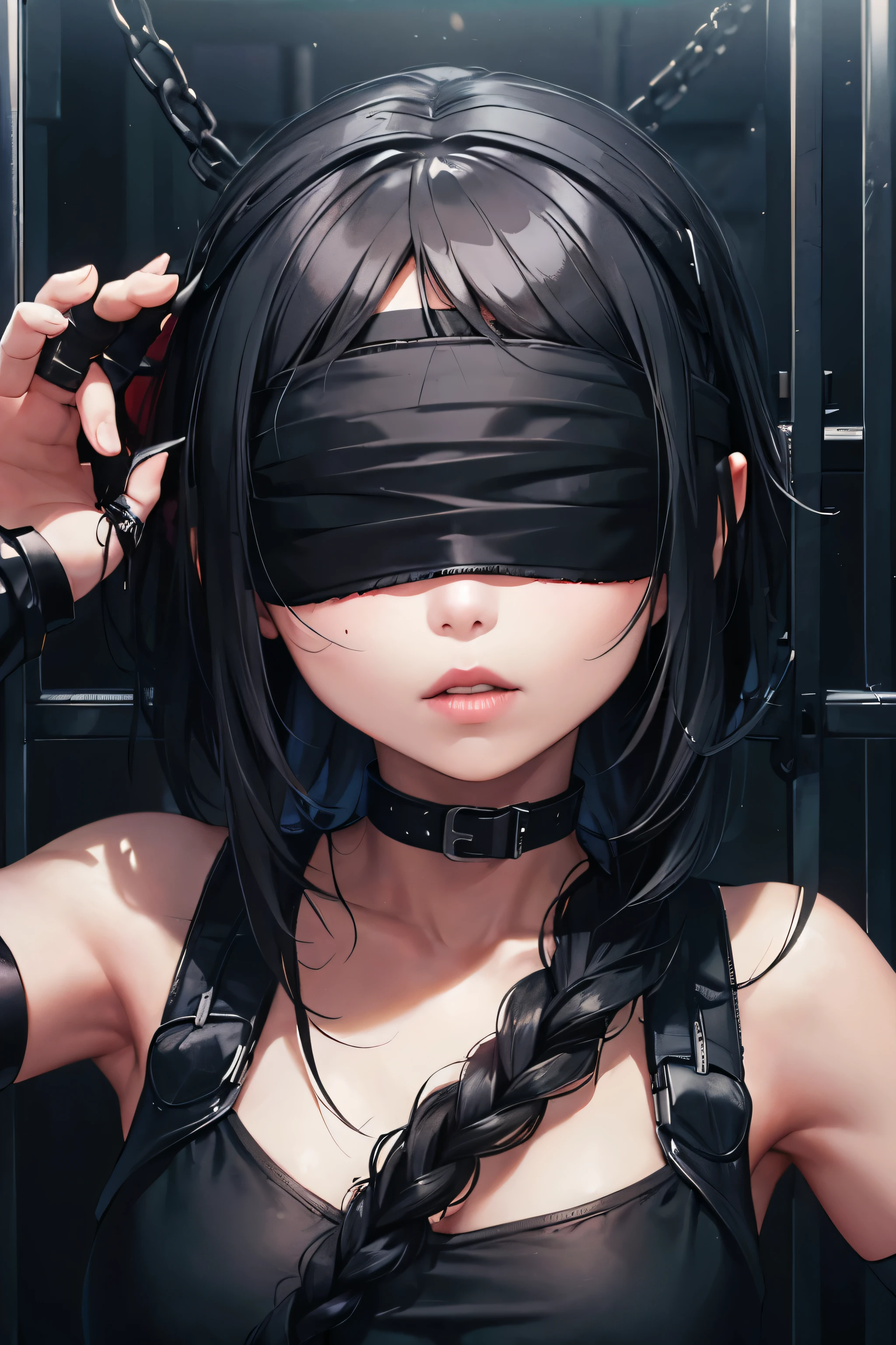 (Blindfolded girl: 1.2), wearing tattered black futuristic rags, (full lips: 1.2), long black braid, viewed behind bars in futuristic prison cell
