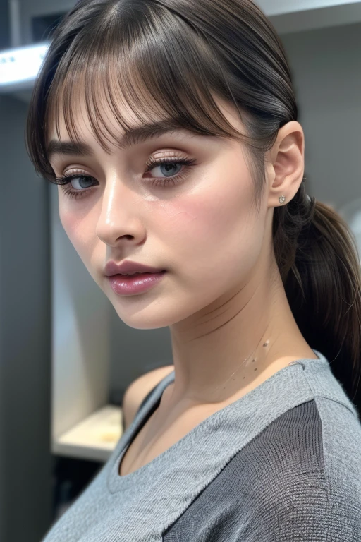 Taylor Hill、High resolution realistic photos,8k,Realistic skin texture,to be born々New People々々々々,1 girl,Tabletop,,Awards - Winning Photos, Very detailed, Close your eyes, Nose and mouth,Face Focus, Extreme close up of face、Woman with open mouth and closed eyes, Black camisole、20-year-old,Black-haired、Symmetrical face,Realistic nostrils、Angle from below、Elongated C-shaped nostrils,((Gray background))、Sweaty skin、汗でGlowing Skinを強調する照明、((Sharp Nose))Skin shiny with sweat、Glowing Skin、Sweaty hair、sunlight、(Brow wrinkles)((Frowning))、((Thin eyebrows))((Oily skin、Glowing Skin))、double eyelid、Tied Hair、Updo、Lift your head((Super wet skin))(((鼻中隔が広く見えるprofile,nasal septum,profile)))