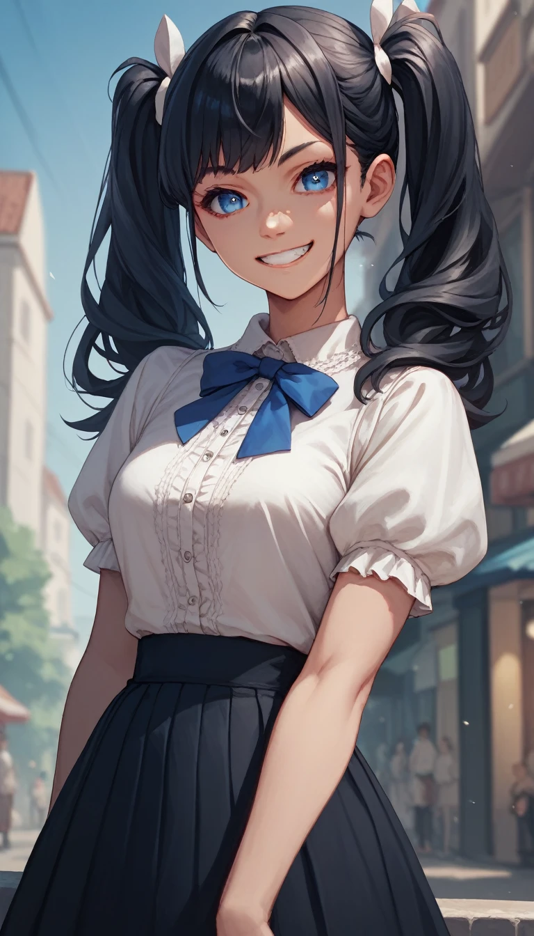 masterpiece, best quality, 1girl,blue eyes,twintails, black hair, white blouse ,best quality,  black skirt, grin,looking at viewer, by tsujisanta 