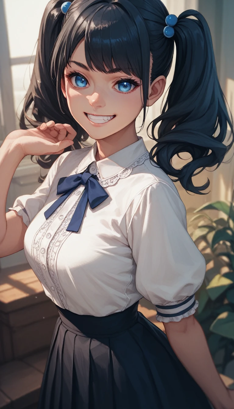 masterpiece, best quality, 1girl,blue eyes,twintails, black hair, white blouse ,best quality,  black skirt, grin,looking at viewer, by tsujisanta 