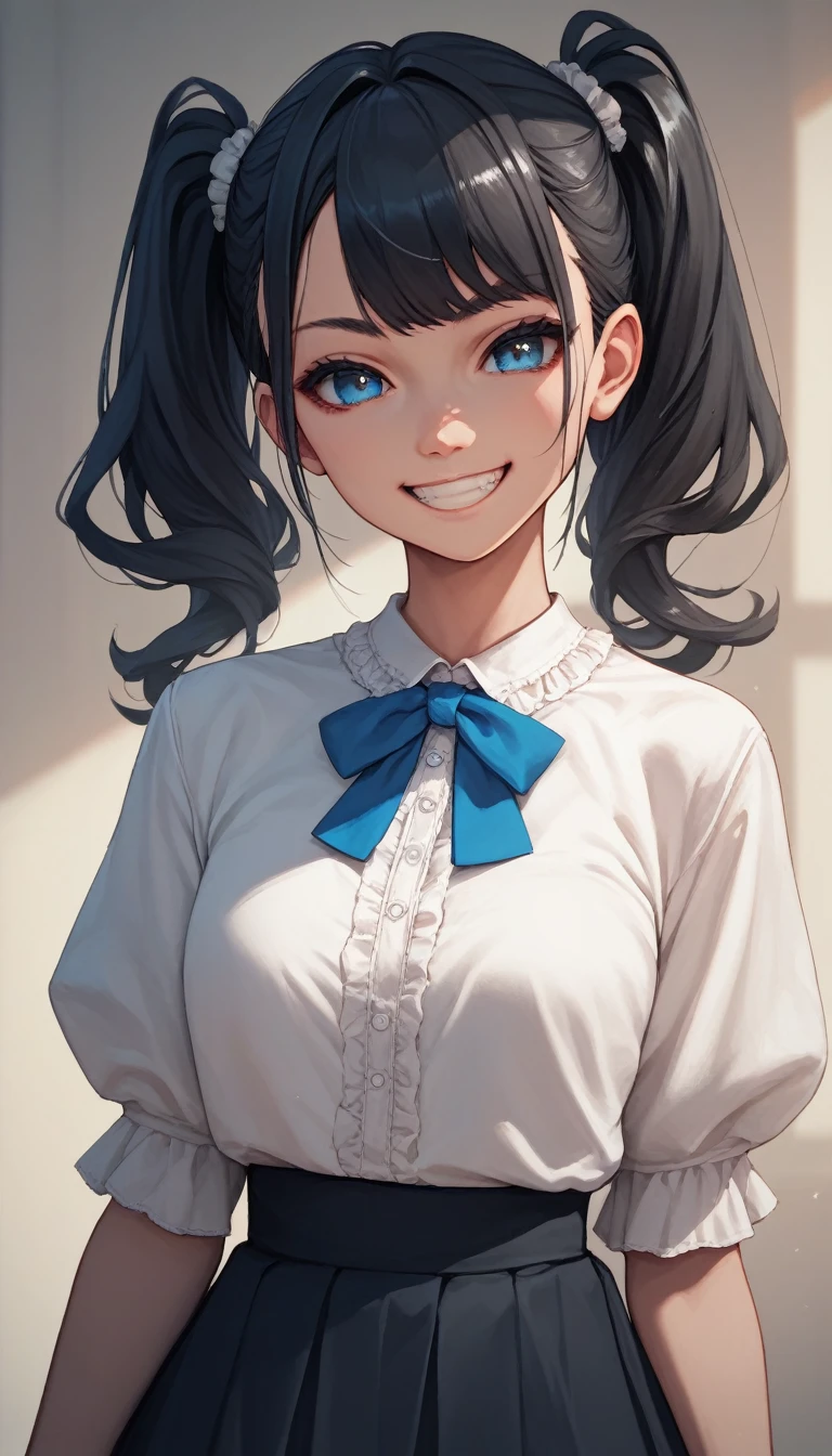 masterpiece, best quality, 1girl,blue eyes,twintails, black hair, white blouse ,best quality,  black skirt, grin,looking at viewer, by tsujisanta 