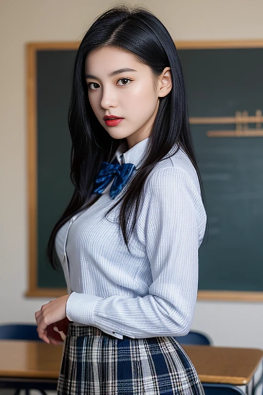 cowboy shot, A young Korean beautiful girl, 18-year-old, strikingly beautiful, black hair, big breasts, delicate facial features, porcelain skin, red lips, expressive eyes, naughty woman, student, wearing long blue and white pencil loose skirt, plaid pencil skirt, loose skirt, white shirt, blue and white plaid bow, standing, classroom, school,