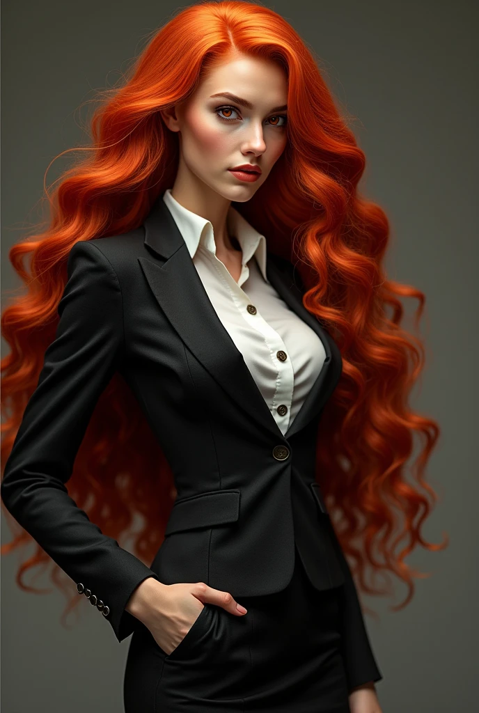 ((masterpiece)), Best Quality, beautiful lady, big tits, long curly red hair, She wears a suit and skirt., Red eyes