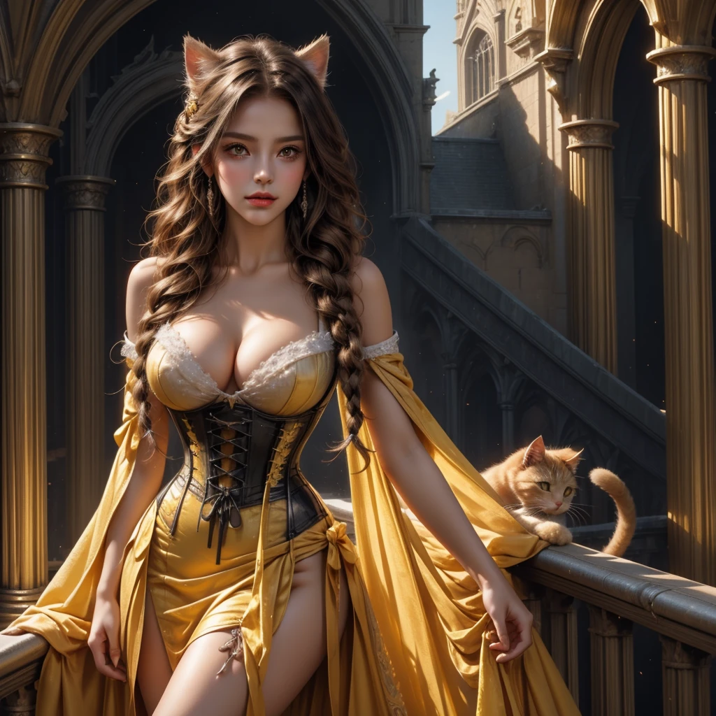 girl with cat ears, chica sexy, posing at full height , big breasts, 25 year old girls, divine face, beauty faces, High detail, lip beauty, photorealistic, ultra realistic, below, RTX activated, color correction, perspective, depth of field, line of sight, Tonal colors, 8k, full hd, perfectionism, edge lighting, light, Soft lighting, accent lighting, Diffraction evaluation, attractive woman , Super detailed, (( Beautiful detailed yellow cat eyes with a slit.. )) , ( curly brown hair ) , long straight hair, Braid hairstyle, ( Medieval dress with corset..)