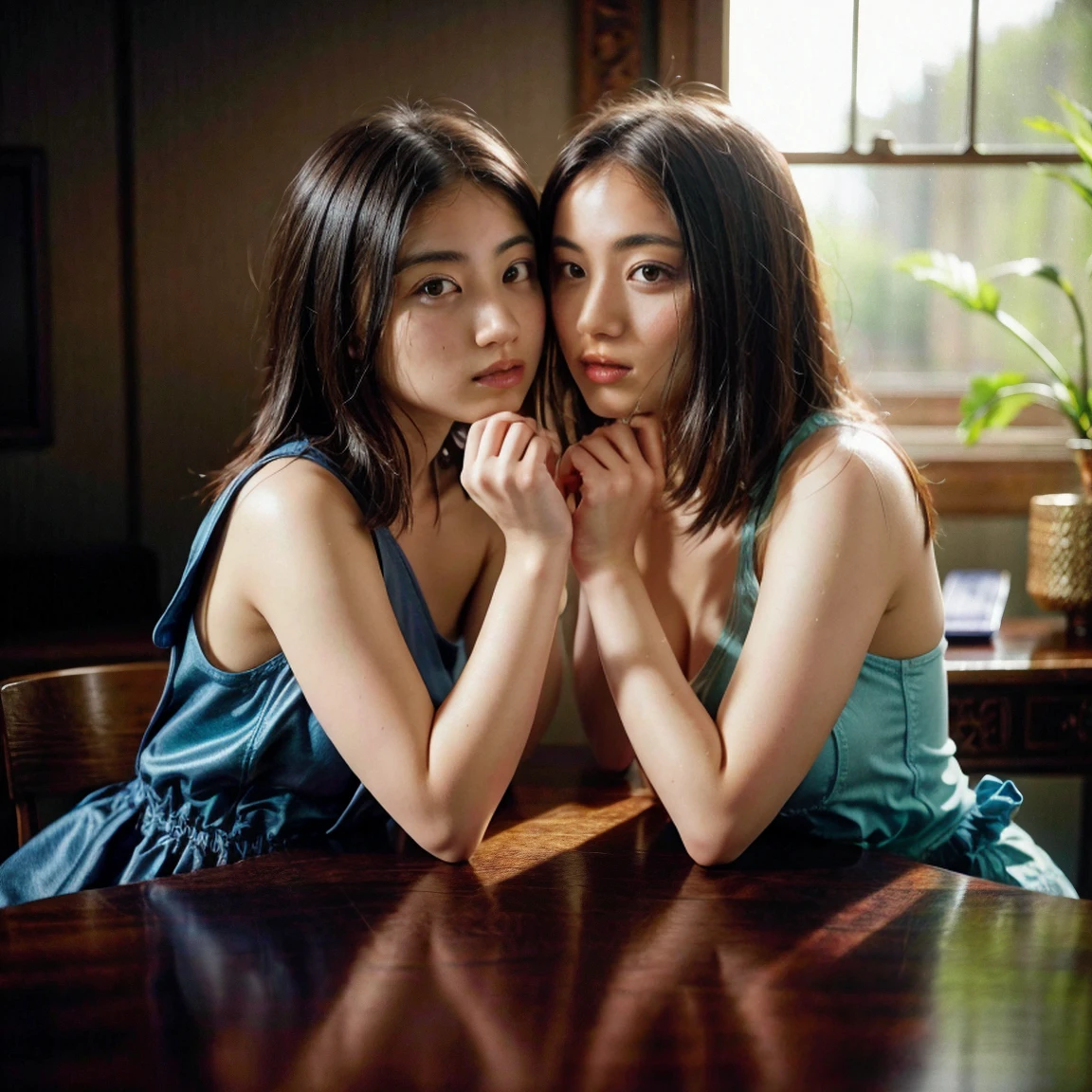 (Tabletop, Highest quality, Beautiful quality), (Realistic:1.4), (Detailed lighting, Very detailed肌, Very Fine Hair, Shadowy, 8k, with baby face、Idwin sisters of girls:1.2), Looking at the audience, (High key lighting), Highest quality, Official Art, unity 8k wallpaper, Ultra-high resolution, Embrace、Lesbian、like、Very detailed, beautifully、aesthetic