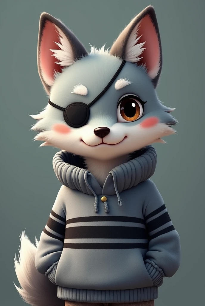 a wolf with an eye patch and a grey sweater with black anime style stripes