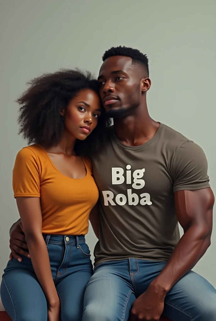 Create image of a beardless Kenyan body builder aged 16 with a short trim hair cut.Sitting next to his girlfriend with his t-shirt written "Big Roba"