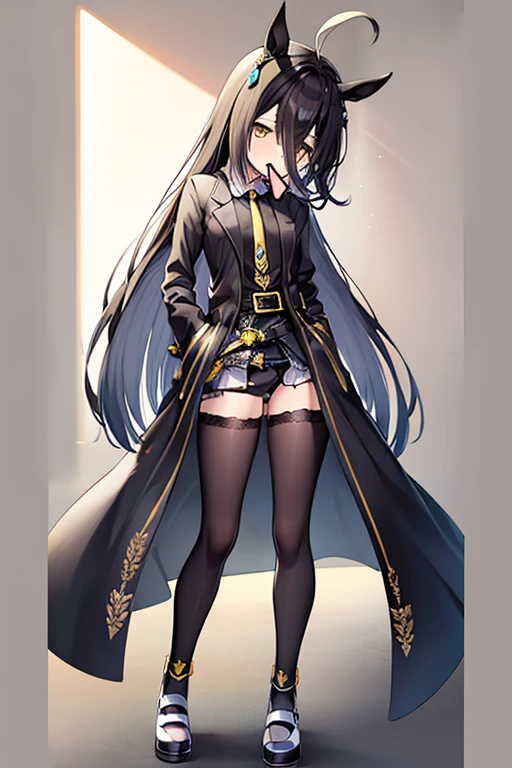 ((masterpiece))、((Highest quality))、Full-body wide-angle、(solo)、Manhattan Cafe,Manhattan Cafe(Racing wear),、White Ahoge, (Long black hair)、Long black bangs between the eyes,,、Black horse ears、Horse tail、Yellow eyes without highlights、(((Small breasts)))、((Black long coat))、((Black Shirt))、 ((Black Panties))、Black gloves、Yellow tie、belt、Mouth closed、Black tights、ガーターbelt