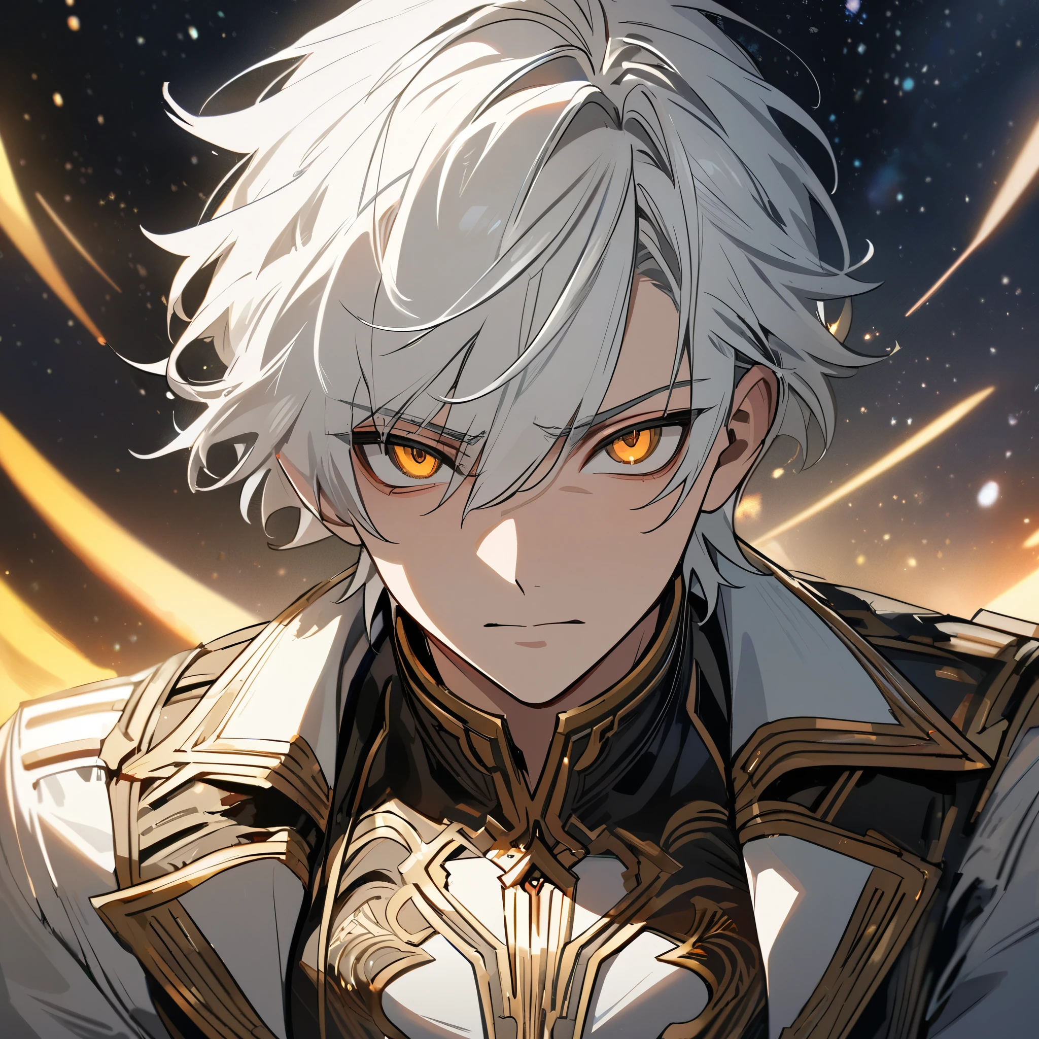 High quality, HD, 4k, no shadows, handsome male, 1male, , teenager, shwhite hair, silver hair, white hair, sharp eyes, dark golden colored eyes, deep golden eyes, dark gold eyes, gold eyes, devil may cry, close up, calm expression, stoic expression, black leather clothes, white leather clothing, lean body, well trained body, upper body, looking at viewer, cowboy shot, white solar, space background