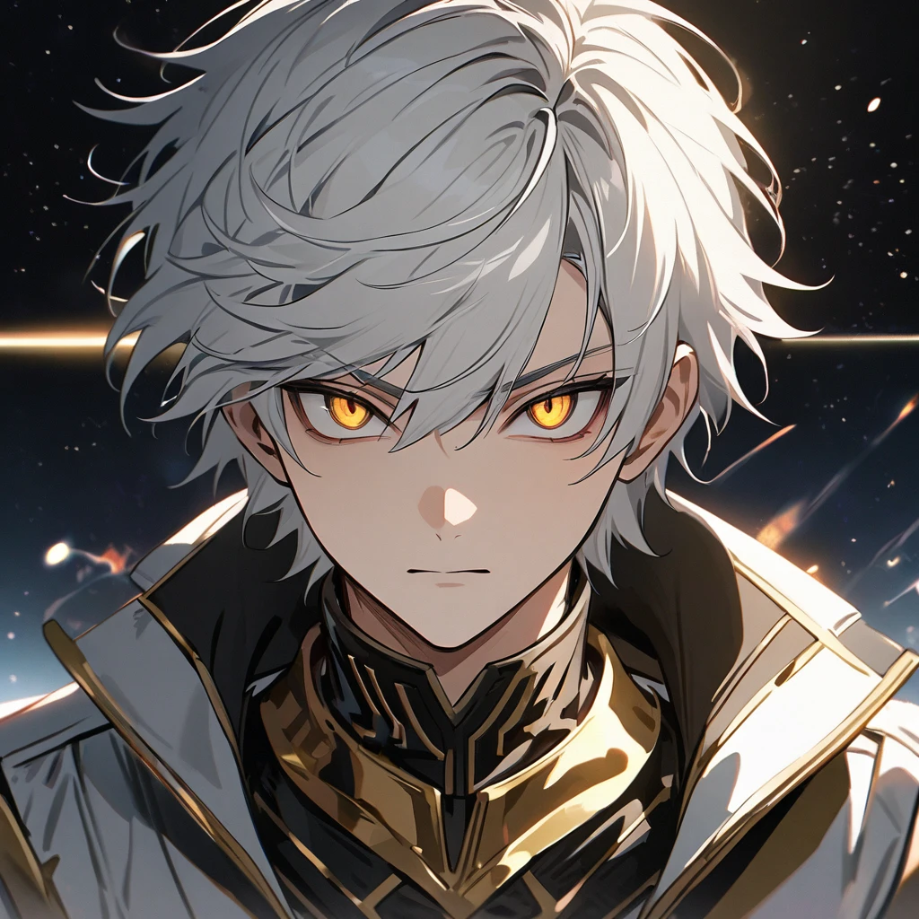 High quality, HD, 4k, no shadows, handsome male, 1male, 17 years old, teenager, short white hair, silver hair, white hair, sharp eyes, dark golden colored eyes, deep golden eyes, dark gold eyes, gold eyes, devil may cry, close up, calm expression, stoic expression, black leather clothes, white leather clothing, lean body, well trained body, upper body, looking at viewer, cowboy shot, white solar, space background