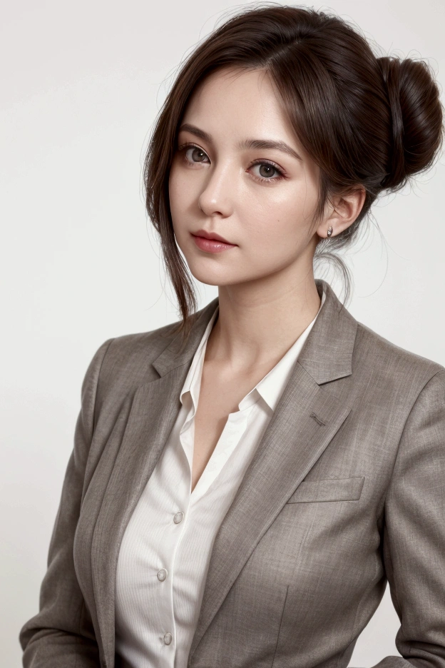 Create an image of Laura, a 35-year-old financial manager. Create a realistic image. She has dark brown hair tied into an elegant bun, light brown eyes full of determination and is wearing a suit. 
and sensual. Don't cut even one part of the body, on solid white background, Walking around