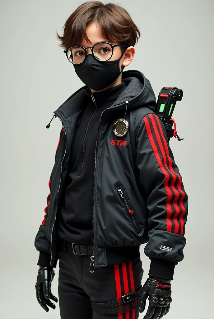 A brown-haired boy with round glasses wearing a black jacket with red stripes and other details,as well as using a black mask , wear black pants with red stripes and finally wear a pair of robotic boots