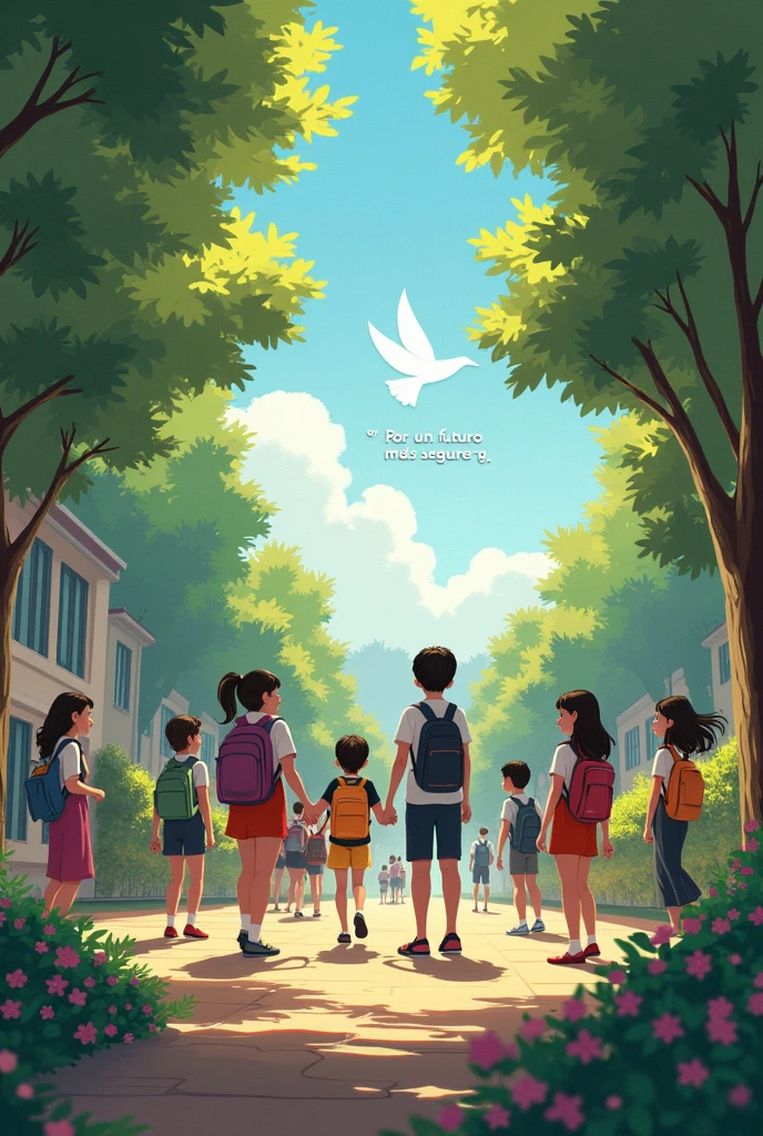 Create an image that conveys education, peace, and a fight against school violence, and includes the message "Por un futuro más seguro" in Spanish.
