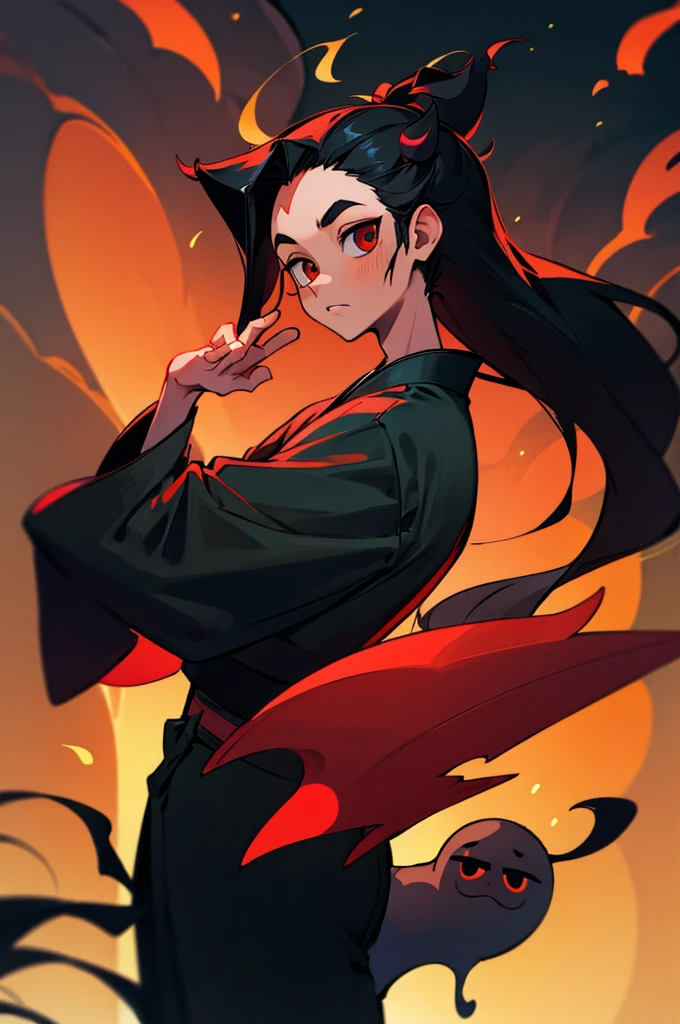 1boy,young,black kimono,red hornys forehead,very long black hair