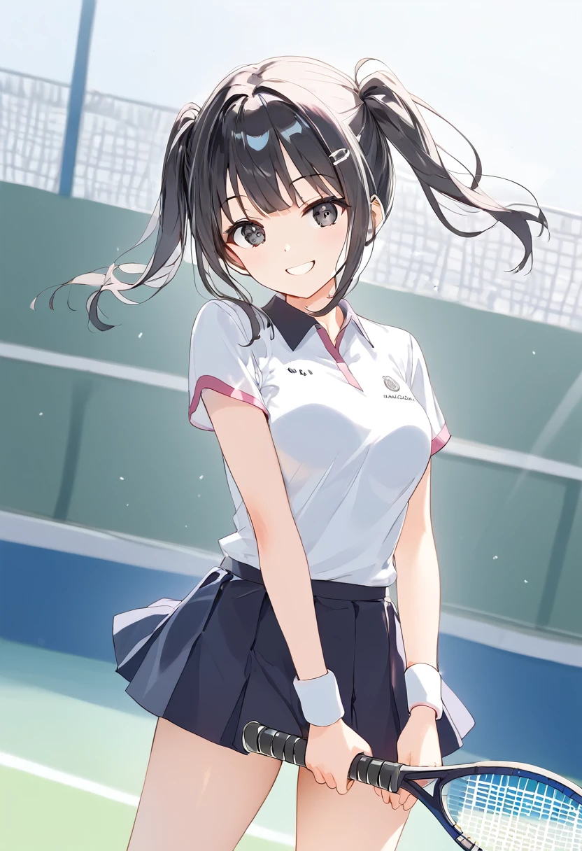 高いquality illustration, masterpiece, Very delicate and beautiful, Slender body, Anime Style, Beautiful Eyes, masterpiece, Highest quality, High resolution, Very detailed, Perfect lighting、Painted from the front、Very young girl、1 female、smile、Black Hair、Short Twin Tails、tennis Club、White tennis uniform、Tennis court、audience、tennis racket、The skirt is twisted by the wind、the wind is strong、noon、