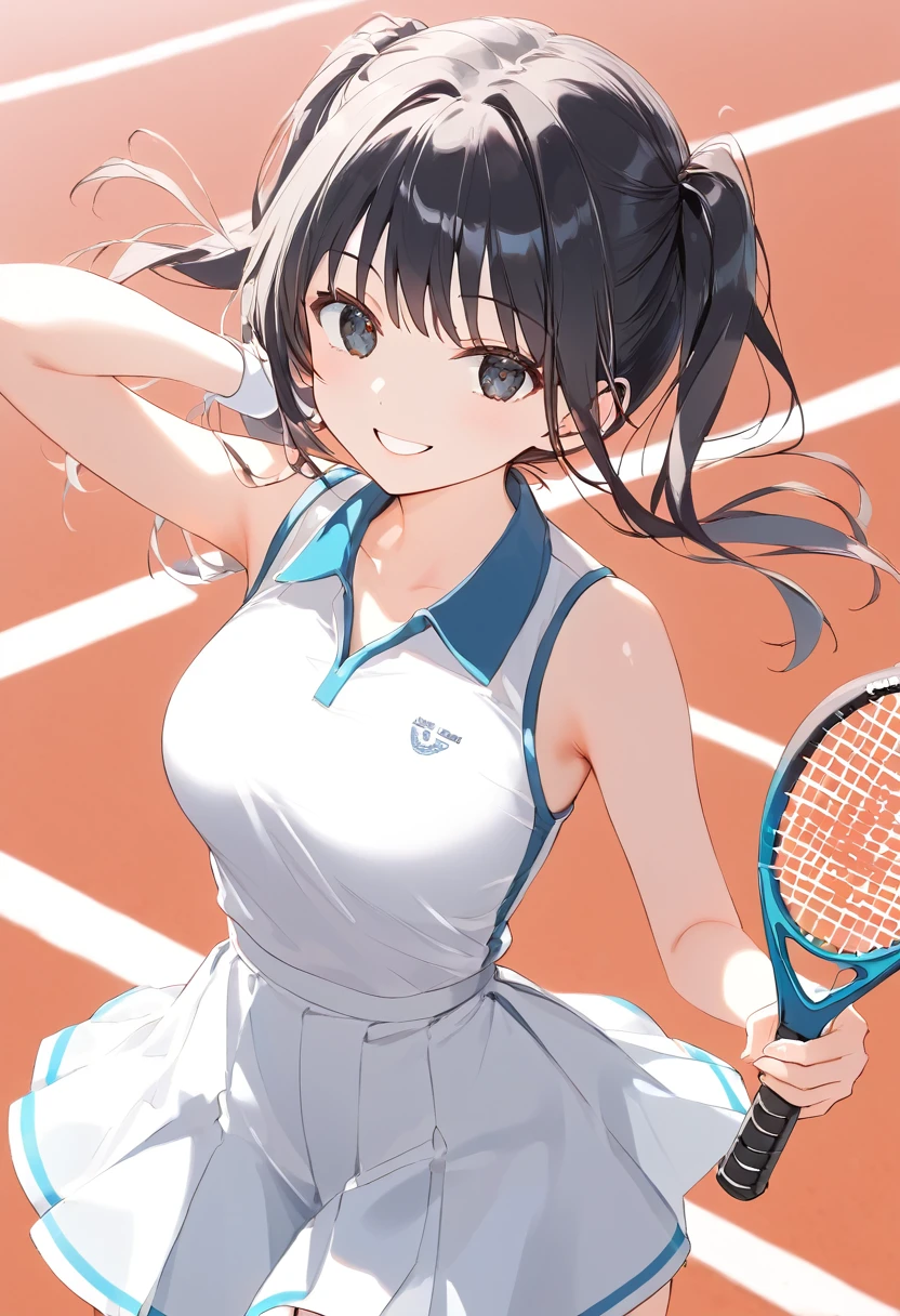 高いquality illustration, masterpiece, Very delicate and beautiful, Slender body, Anime Style, Beautiful Eyes, masterpiece, Highest quality, High resolution, Very detailed, Perfect lighting、Painted from the front、Very young girl、1 female、smile、Black Hair、Short Twin Tails、tennis Club、White tennis uniform、Tennis court、audience、tennis racket、The skirt is twisted by the wind、the wind is strong、noon、