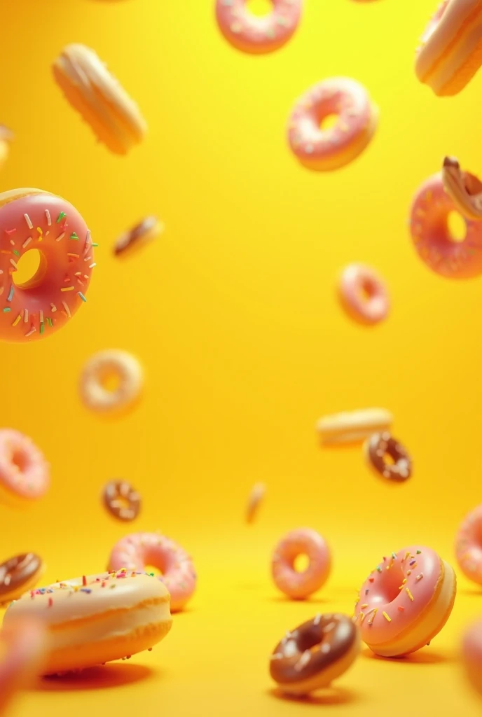 Many animated donuts falling all over the screen on yellow background
