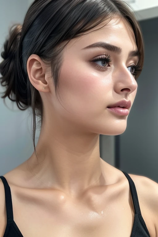 Taylor Hill、High resolution realistic photos,8k,Realistic skin texture,to be born々New People々々々々,1 girl,Tabletop,,Awards - Winning Photos, Very detailed, Close your eyes, Nose and mouth,Face Focus, Extreme close up of face、Woman with open mouth and closed eyes, Black camisole、20-year-old,Black-haired、Symmetrical face,Realistic nostrils、Angle from below、Elongated C-shaped nostrils,((Gray background))、Sweaty skin、汗でGlowing Skinを強調する照明、((Sharp Nose))Skin shiny with sweat、Glowing Skin、Sweaty hair、sunlight、(Brow wrinkles)((Frowning))、((Thin eyebrows))((Oily skin、Glowing Skin))、double eyelid、Tied Hair、Updo、Lift your head((Super wet skin))(((鼻中隔が広く見えるprofile,nasal septum,profile)))