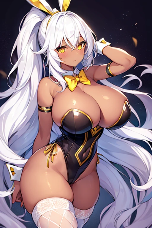 1girl, white hair, long hair, dark-skinned female, dark skin, yellow eyes, breasts, huge breasts, bowtie, wide hips, thick thighs, fishnets, bunnysuit, leotard, white bunnysuit, shy, timid, wavy mouth, ponytail, yellow trim, fishnet, fishnet legwear, gold trim