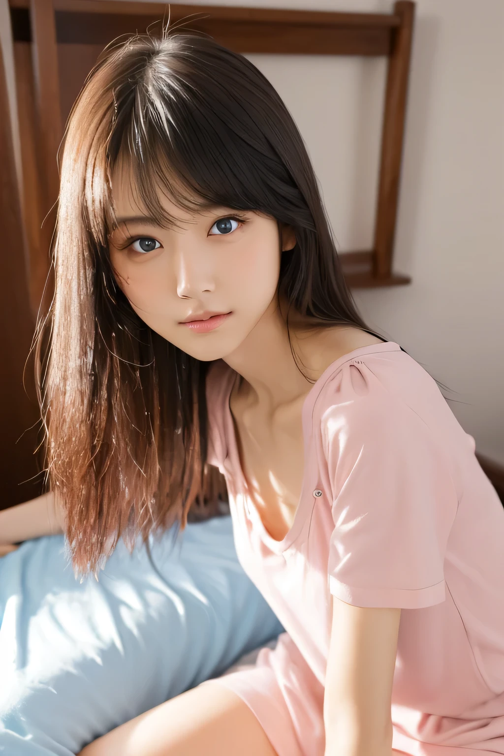 (Highest quality:1.4), (Very detailed), (Very detailed美しい顔), (night:1.8), (Beautiful face and eyes:1.5), ************, Evenly balanced eyes, (Short sleeve pink camisole:1.3), Beautiful face and eyes, iris, The Beauty of Japan, (Skinny body type:1.3), (Flat Chest:1.3), (Sexy pose:1.3), Smooth, Very detailed CG synthesis 8k wallpaper, High-resolution RAW color photos, Professional photography, Light, BackLight, dream-like, impressive, Written boundary depth, (Bedroom:1.4), (Face close-up:1.3), (Side shot:1.3)