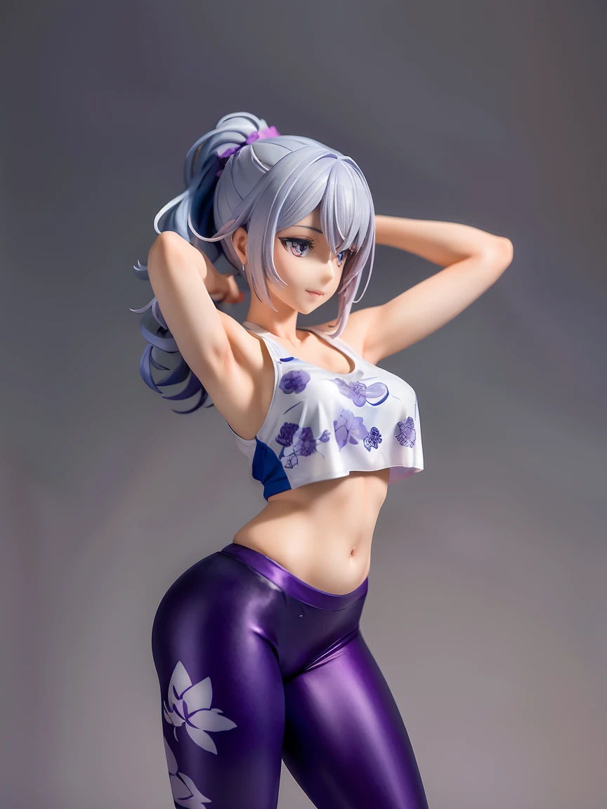 A woman wearing a black tank top, lotus flower print on the tank top, flower with white and purple petals. woman smiling. Hair in the wind; posing for a photo, black leggings, sneakers. Bare shoulders. simple background. Waist up, arms behind your back